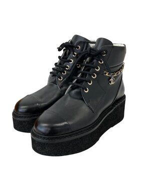 Chanel CC Logo Chain Decoration Lace Up Boots Black 37.5